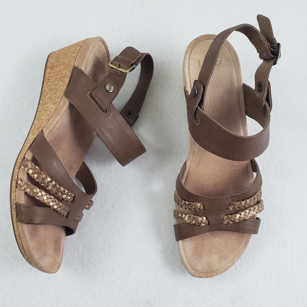 UGG Serinda Cork Wedge Leather Sandals Brown Women's Size 9